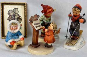 Vintage Goebel West Germany - Child on Sled(11700),  Snow Skier (59), Bird Duet (169) and March Winds(43) and Small Picture