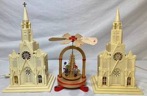 Vintage Plastic ChurchCathedrals from Hong Kong and Raylite Electric Corp and Vintage German Christmas Wooden Spinning Pyramid