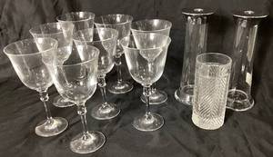 Ralph Lauren Landon Crytstal 8 Wine Goblets, Pair of Ella 9 Candleholders and Herringbone Highball GlassVase
