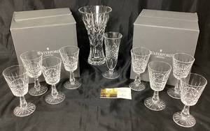 Waterford Crystal Kilrane 10 Vase, Ashbourne 7 Bud Vase, Lismore Tall Goblets-set of 8 and Waterford Grenville Gold Wine Glasses - set of 4