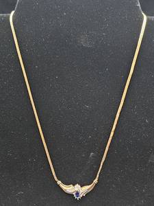 Vintage 10K Gold 17.5 Sappire with Diamond Chip Necklace - Made in Italy