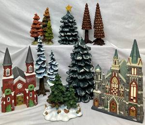 Village Collection - Dept 56 Trees, Dept 56 Brick Abbey, O Well Cathedral and Mill Creek Pine Trees