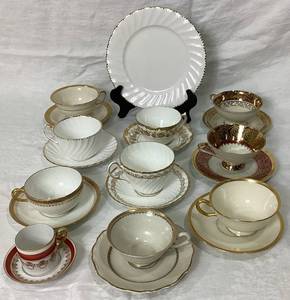 Teacup Collection - 10 Assorted Teacups & Saucers in Gold & White