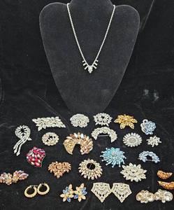 Vintage Rhinestone Brooches, Earrings and Necklace