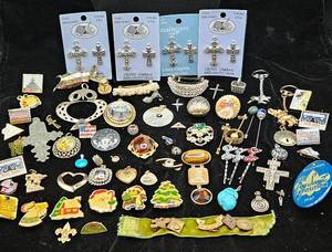 Collection of Vintage Pins, Necklace Slides, Boy Scout Pins and Much More