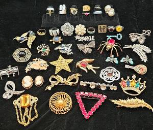 Collection of Costume Jewelry Rings and Brooches