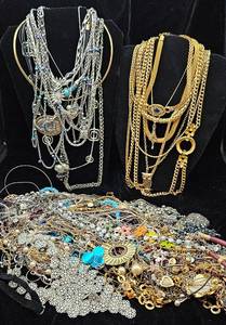 Large Collection of Costume Jewelry Gold and Silver Toned Necklaces