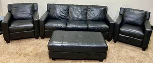 Divani Chateau dAx Black Italian Leather Sofa, Chairs, Ottoman