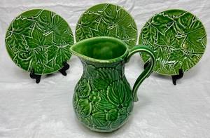 Bordallo Pinheiro Green Strawberries 9 Pitcher and Raised Maple 8 Leaf Plates