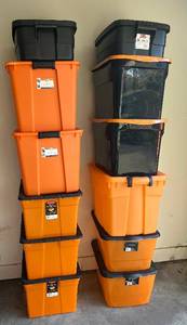 12 OrangeBlack Storage Totes - 22 gal, 20 gal, 10 gal, 58 qt, 59 qt