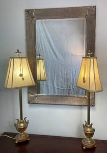 Gold Fish Scale Mirror and Pair of Tall Buffet Lamps