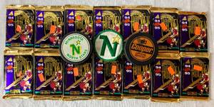 14 Opened Packs of 199495 Pinnacle Hockey Cards, plus NorthStars Patch and Minnesota North Stars Puck