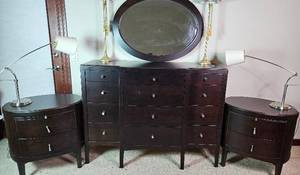Shermag Furniture Dresser, Mirror and Two Nightstands with Lamps