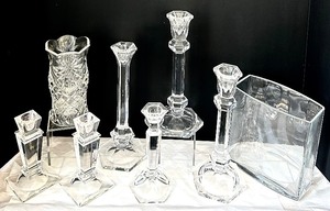 lot 26 image: Stunning Clear Glass  Crystal Collection including Candlestick Holders and Vases
