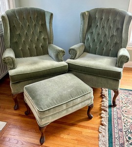 lot 20 image: Pair of Vintage Upholstered Armchairs and Ottoman