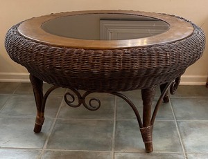 lot 116 image: Brown Rattan  Wicker Glass Top Coffee Table