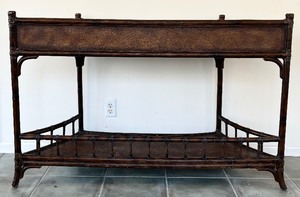 lot 5 image: Vintage Rattan and Bamboo Sofa Table Brown with Bottom Shelf and Two Drawers