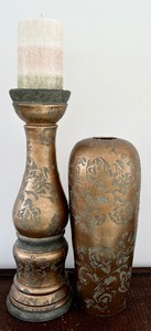 lot 80 image: Vintage Gilded Rose Vase and Tall Candle Stick and Candle