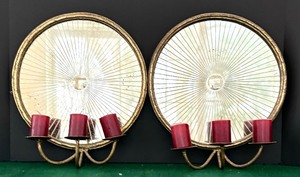 lot 84 image: Pair of Round Mirrors with 3 Brass Colored Candle Holders and Red Candles by Uttermost