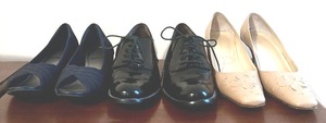 lot 86 image: Country Shop Taupe Low Heel, Circa Joan David Patten Leather Shoe and IMPO Stretch Open Black Open Toe