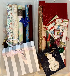 lot 232 image: Two Bins of Paper Wrapping, Gift Bags and More for Christmas and Other Occasions