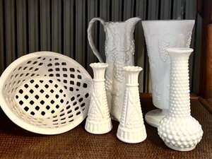 lot 260 image: Vintage Grouping of White Ceramic Bowl, Four Vases and Pitcher including Vintage Milk Glass Vases
