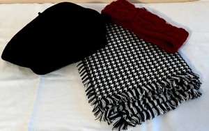 lot 227 image: Warm Vibes - White and Black Houndstooth Scarf, Black Barret Hat and Red Ear Band