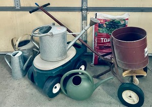 lot 248 image: Lawn  Garden Care Including a Spreader, Garden Cart  Seat and More
