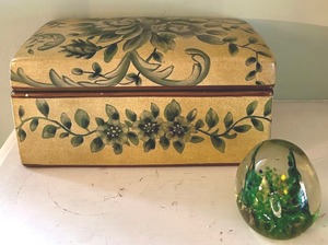 lot 251A image: Pottery Trinket Box and Green Glass Paperweight
