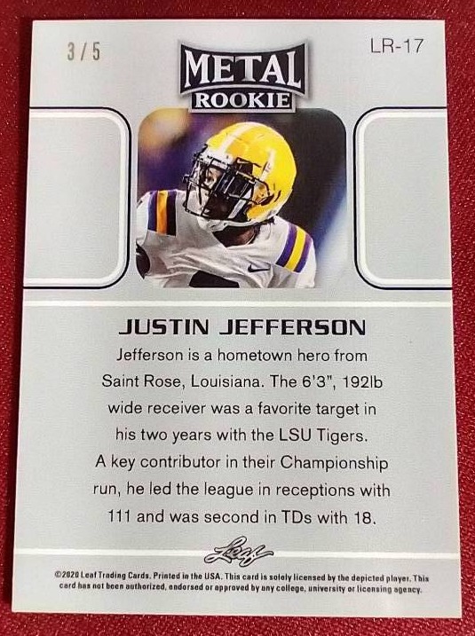 2020 Leaf Metal Justin Jefferson Orange Rookie Card - #d/5! for Sale in Manvel, ND | Online Auction | K-BID 2020 Leaf Metal Justin Jefferson Orange Rookie Card - #d/5! for Sale in Manvel, ND | Online Auction | K-BID