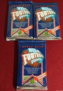 lot 58 image: (3) Unopened 1991 Upper Deck Football Packs - Favre Rookie Year