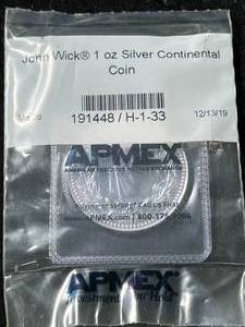 lot 13 image: 1 TROY OZ .999 FINE SILVER JOHN WICK CONTINENTAL COIN