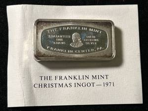 lot 30 image: 1000 GRAINS OF SOLID STERLING SILVER FRANKLIN MINT BAR