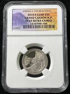 lot 52 image: 2010-S CLAD GRAND CANYON N.P. QUARTER NGC PF69 ULTRA CAMEO