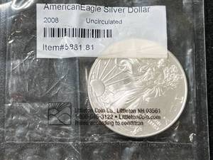 lot 70 image: 2008 AMERICAN SILVER EAGLE 1 TROY OZ .999 FINE SILVER