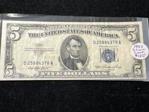lot 89 image: 1953 US BLUE SEAL $5 SILVER CERTIFICATE