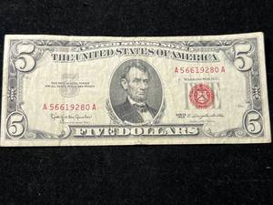 lot 90 image: 1963 US RED SEAL $5 FEDERAL RESERVE NOTE