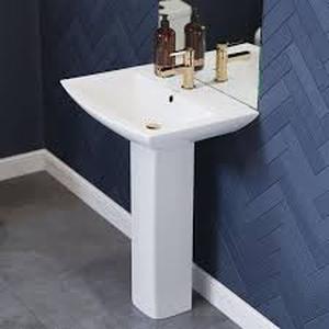 lot 31 image: Swiss Madison Sublime Pedestal Bathroom Ceramic Vessel Sink Round Single Faucet Hole in White  Customer Returns See Pictures