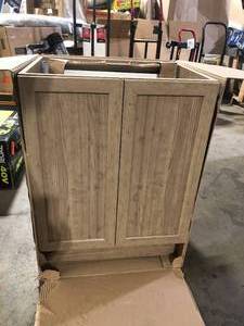 lot 34 image: Glacier Bay Fonthill 24.5 in. W x 18.75 in. D x 32.89 in. H Single Sink Bath Vanity in Sand Elm with White Cultured Marble Top Customer Returns See Pictures