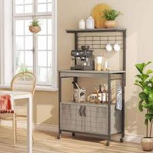 lot 47 image: Bestier Wash Grey 31.5 in. W 3-Tier Metal and Wood Bakers Rack with Storage Cabinet and Adjustable Feet  Customer Returns See Pictures