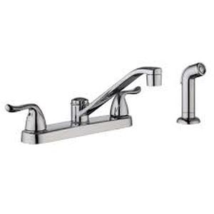 lot 48 image: Glacier Bay Constructor Double-Handle Standard Kitchen Faucet with Side Sprayer in Polished Chrome   Customer Returns See Pictures
