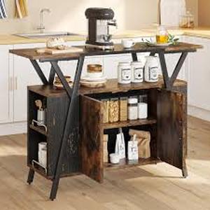 lot 49 image: Bestier 47.24 in. Rustic Brown Bar Cabinet Sideboard with Geometric Frame, Double-Door design and Adjustable Shelves Chrome   Customer Returns See Pictures