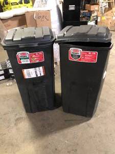 lot 12 image: Lot of Rubbermaid Roughneck 45 Gal. Black Wheeled Vented Trash Can with Lid   Customer Returns See Pictures
