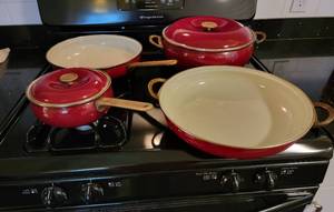 lot 37 image: Copco Enamel and Brass Cookware  6 pieces