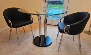 lot 5 image: Modern Contemporary Caf Set Chinaly Imports Glass Top Table with Chrome Tube Base paired with Lumisourse Faux leather caf Chairs
