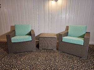 lot 50 image: Classic All Weather Woven Conversation Set Storage Table & Armchairs