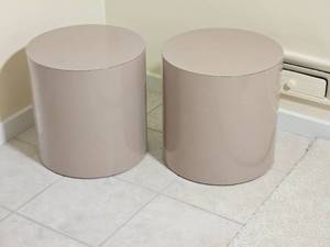 lot 110 image: Retro Taupe Drum Side Tables, pair