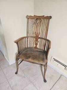 lot 59 image: Handsome Antique Spindle Armchair Originating from the Minneapolis downtown public library. Plate mark denotes Board of Education