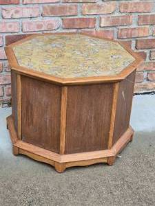 lot 72 image: Mid-Century Modern Vintage Hexagonal Cabinet Side Table with Polished Stone Surface