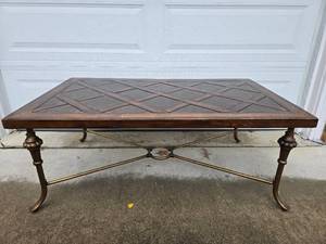 lot 24 image: Stylish Modern Hardwood Lattice Coffee Table with Molded Brass-Look Legs